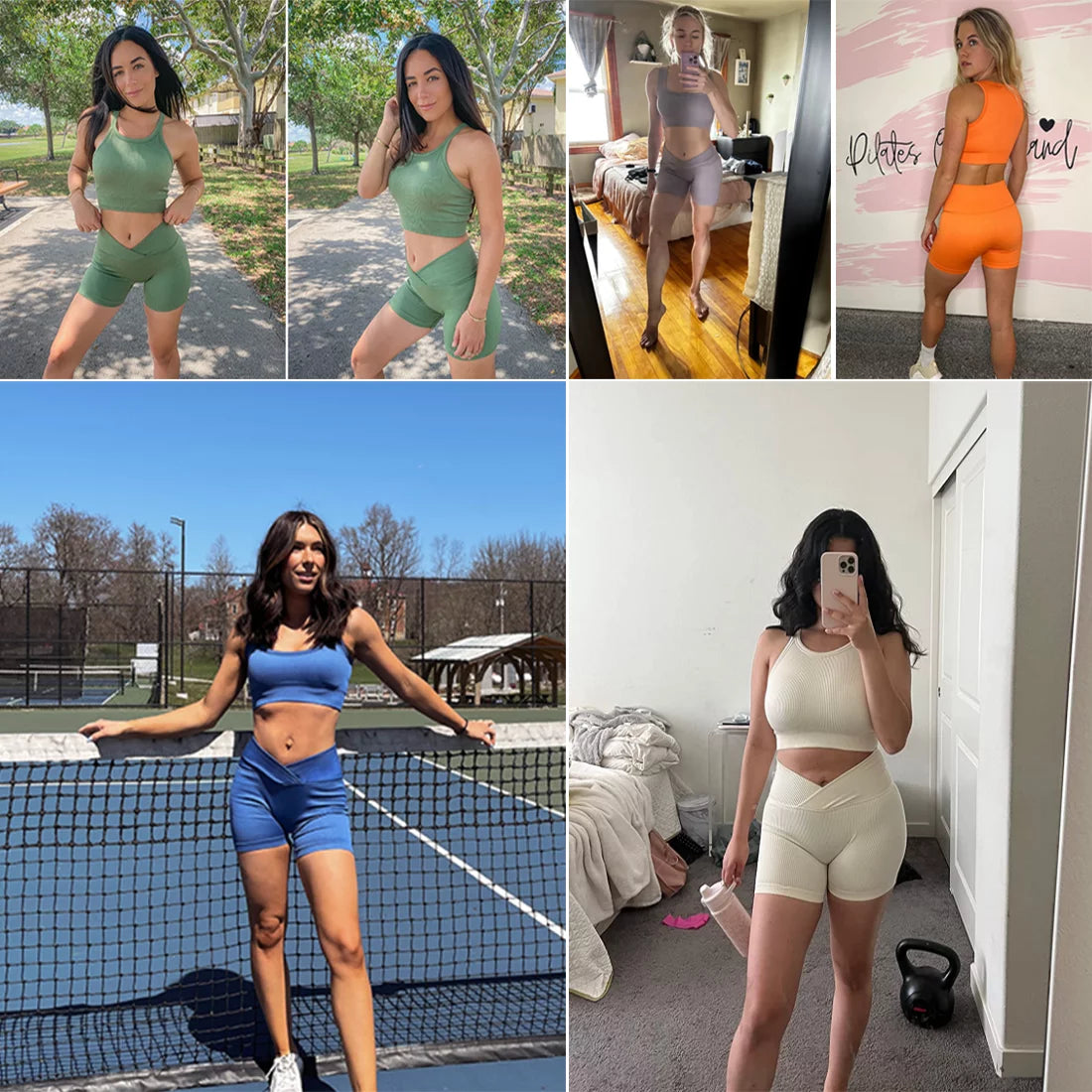 Workout 2 Pcs Outfits for Women Seamless Tank Top Bodycon Pants Shorts Set Solid Color Tracksuit Active Sportwear