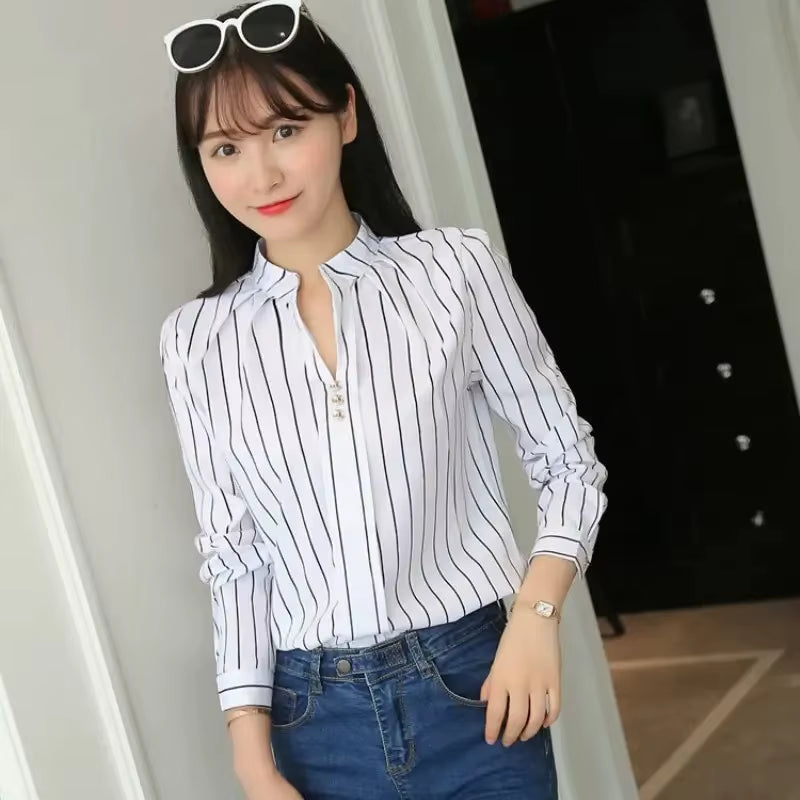 Women White Tops Blouses Fashion Stripe Print Casual Long Sleeve Office Lady OL Shirts Slim Blusas DF4970