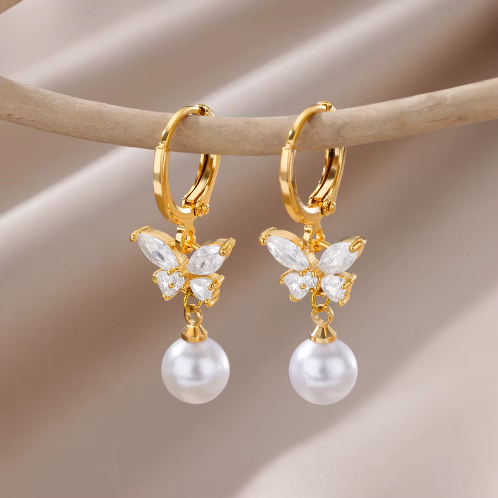 Zircon Pearl Earrings for Women 2023 Trending Stainless Steel Gold Plated Drop Earring Wedding Party Luxury Jewelry Bijoux Femme